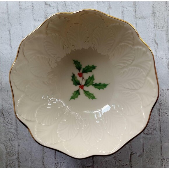 Lenox Other - Lenox Holiday Treat Bowl: Porcelain Holly Berries, Gold Fluted Edge